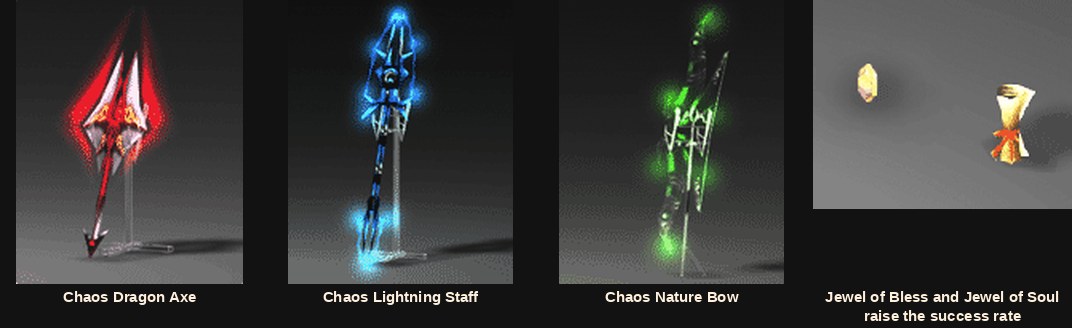 El Chaos Dragon Axe, el Chaos Lightning Staff y el Chaos Nature Bow en Mu Online