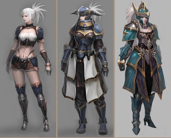 Arte conceptual de la Grow Lancer con su aspecto inicial y dos niveles de armadura