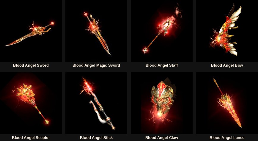 Las ocho armas Blood Angel: espada, espada mágica, bastón, arco, cetro, stick, garra y lanza