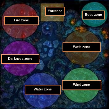 Mapa de Nixies Lake con las zonas elementales, la entrada y la zona del jefe