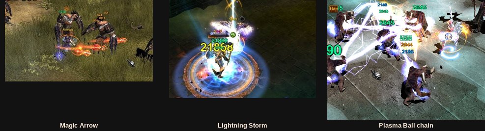 Las habilidades de la Rune Wizard Magic Arrow, Lightning Storm y Plasma Ball en acción