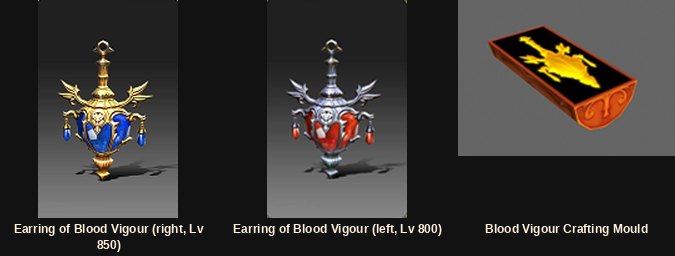 Los Earring of Blood Vigour izquierdo y derecho con su molde de fabricación