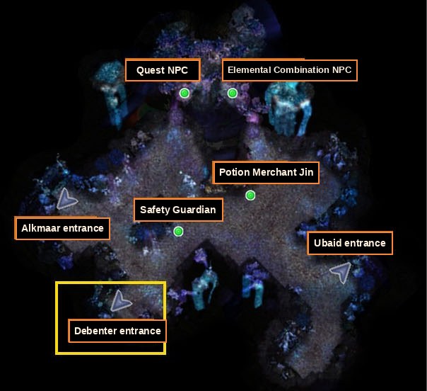 Mapa de la zona segura de Acheron con el Quest NPC, el Elemental Combination NPC, Potion Merchant Jin, Safety Guardian y las entradas a Alkmaar, Ubaid y Debenter