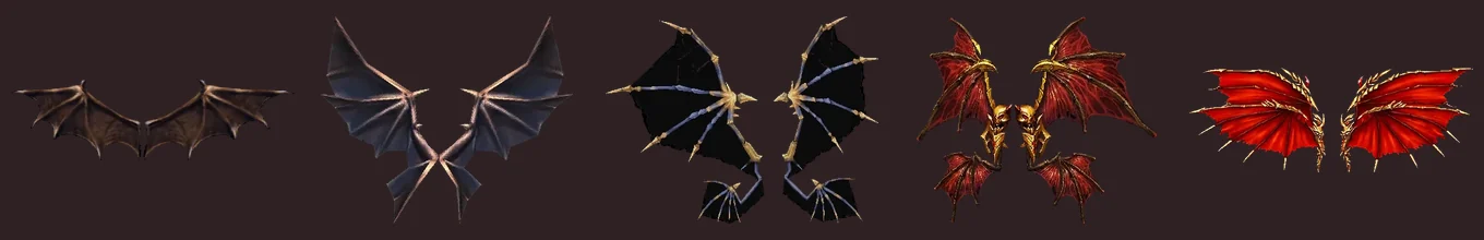 Alas de Dark Knight en Mu Online del 1.º al 5.º nivel: Wings of Satan, Wings of Dragon, Wings of Storm, Devil Wings, Wings of Destruction