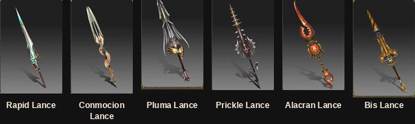 The six Grow Lancer lances: Rapid, Conmocion, Pluma, Prickle, Alacran and Bis