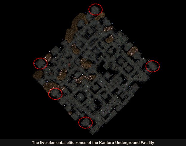 The five elemental elite zones marked on the map