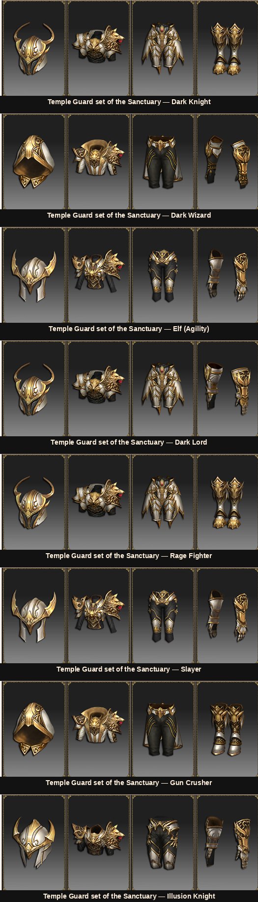 Các bộ giáp Temple Guard of the Sanctuary của tám class Mu Online