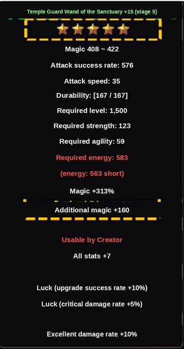 Tooltip item Legendary trong Mu Online Season 21 hiển thị bậc nâng cấp