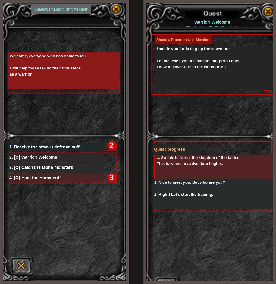 Taking a quest from a Shadow Phantom Unit member in Mu Online Season 5
