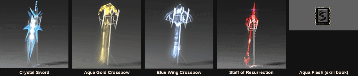 Przedmioty z Atlans: Crystal Sword, Aqua Gold Crossbow, Blue Wing Crossbow i Staff of Resurrection