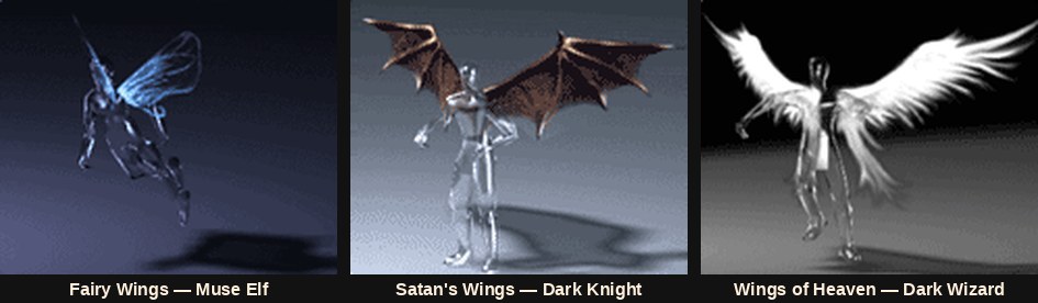 Trzy oryginalne skrzydła Mu Online: Fairy Wings, Satan's Wings i Wings of Heaven