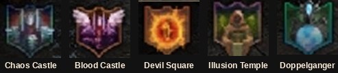 Ikony powiadomień o wejściu do Chaos Castle, Blood Castle, Devil Square, Illusion Temple i Doppelganger
