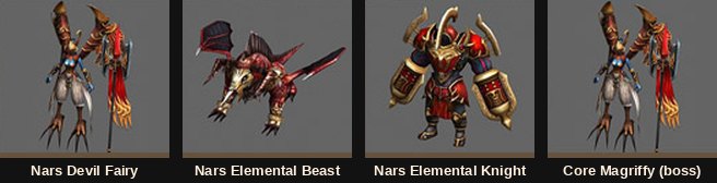 Nars Devil Fairy, Nars Elemental Beast, Nars Elemental Knight i boss Core Magriffy