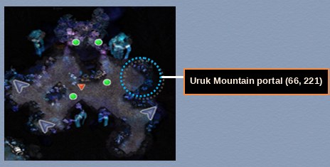 Mapa Acheron z zaznaczonym portalem wejściowym do Uruk Mountain na 66, 221