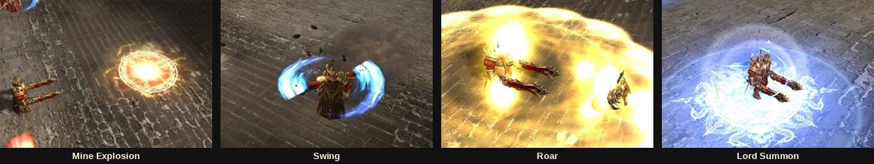 As quatro skills do Feria Lord: Mine Explosion, Swing, Roar e Lord Summon