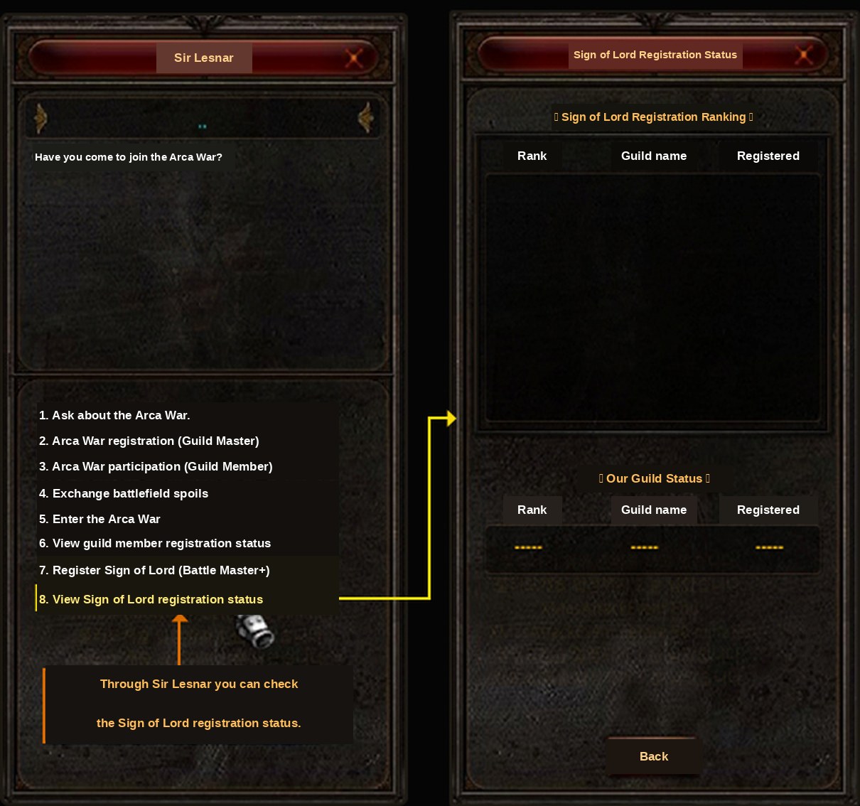 A janela de status de registro de Sign of Lord em Mu Online