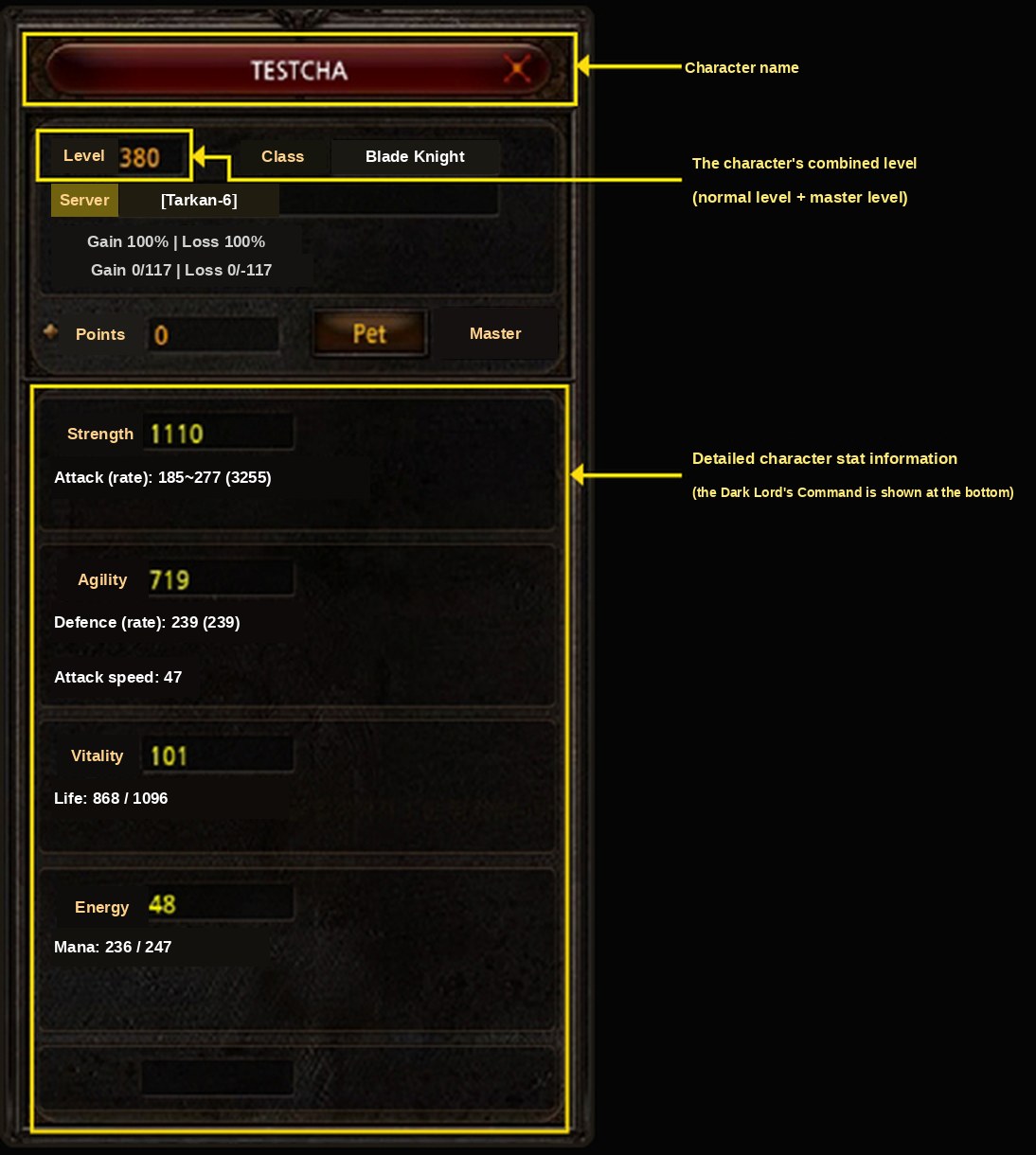 A janela de informações do personagem redesenhada em Mu Online Season 7
