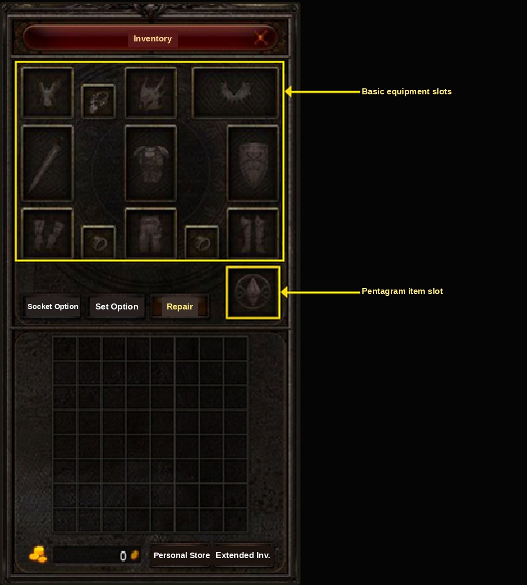 A janela de inventário com o painel de equipamentos e o novo slot de Pentagram