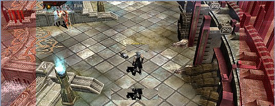 Visão do jogo em widescreen, com a área visível extra destacada em vermelho dos dois lados