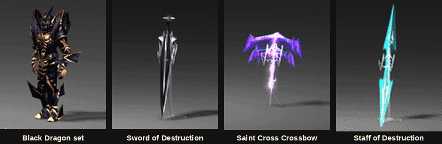 Setul de armură Black Dragon, Sword of Destruction, Saint Cross Crossbow și Staff of Destruction