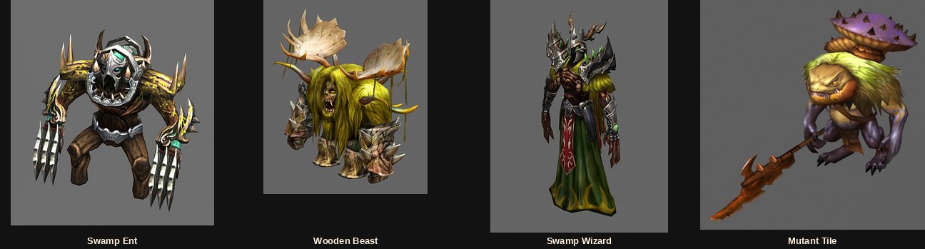 Monștrii din Swamp of Darkness: Swamp Ent, Wooden Beast, Swamp Wizard și Mutant Tile