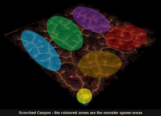 Harta Scorched Canyon cu zonele de spawn ale monștrilor