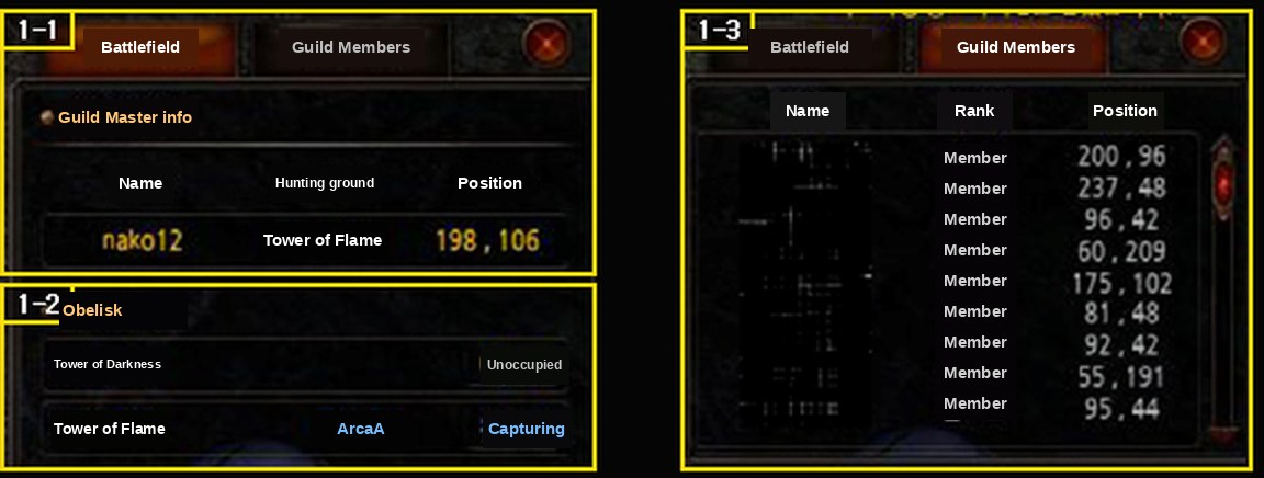 Tab-urile Battlefield Status și Guild Member Status din interfața Arca War