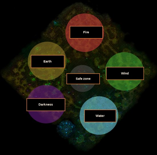 Карта Swamp of Darkness с зонами огня, земли, ветра, воды и тьмы