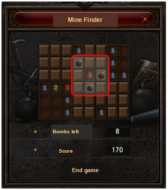 The Mine Finder minigame board with bombs left and score