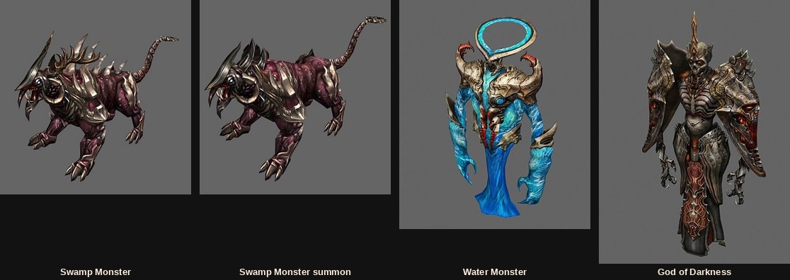 The Swamp of Darkness bosses: Swamp Monster, its summon, the Water Monster and the God of Darkness