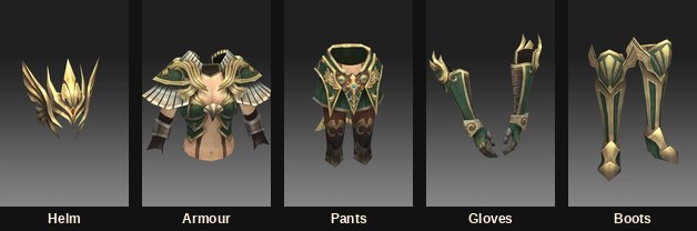 A Rune Wizard armour set: helm, armour, pants, gloves and boots