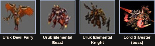 Uruk Devil Fairy, Uruk Elemental Beast, Uruk Elemental Knight and the boss Lord Silvester